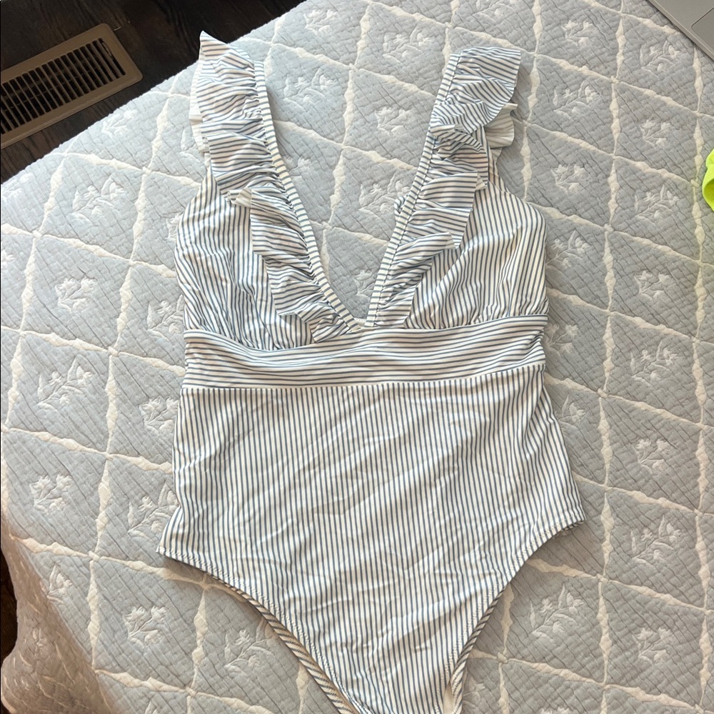 H&M White and Navy Stripe Ruffle One-Piece Swimsuit
